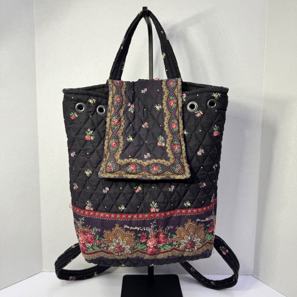 Vera Bradley VTG Mimi Backpack 100% Cotton Quilted Black Floral "Petit‎ Point"